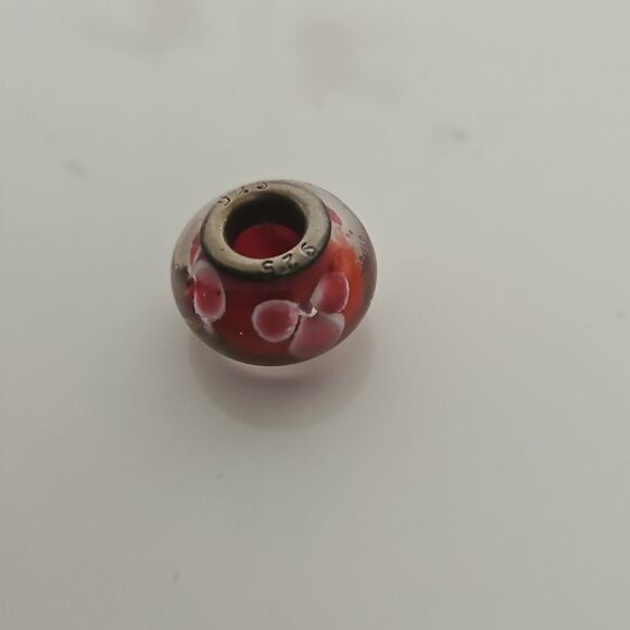 Murano Glass Flower Charm Stamped 925 Burgundy/ White - Picture 16 of 16